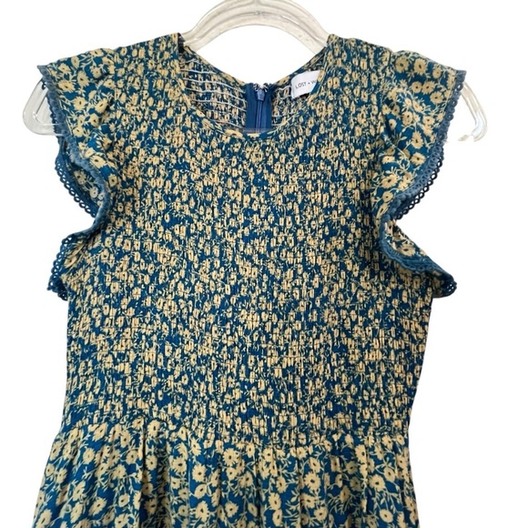 Lost + Wander Blossom Bloom Teal Gold Ditzy Floral Smocked Bodice Dress SZ XS - Picture 5 of 16